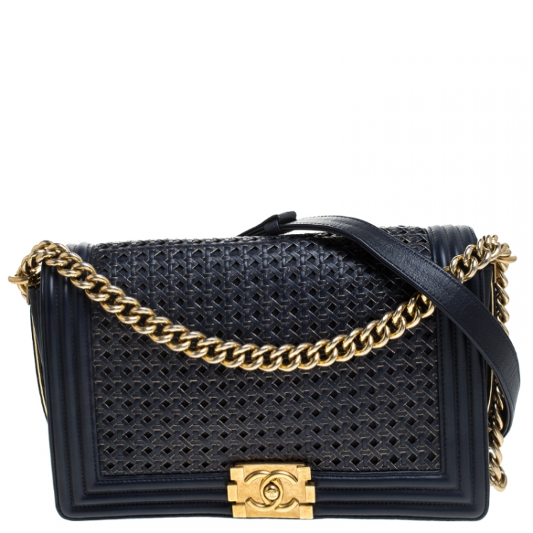 Chanel Blue/Gold Woven Leather New Medium Boy Flap Bag Chanel | The Luxury  Closet