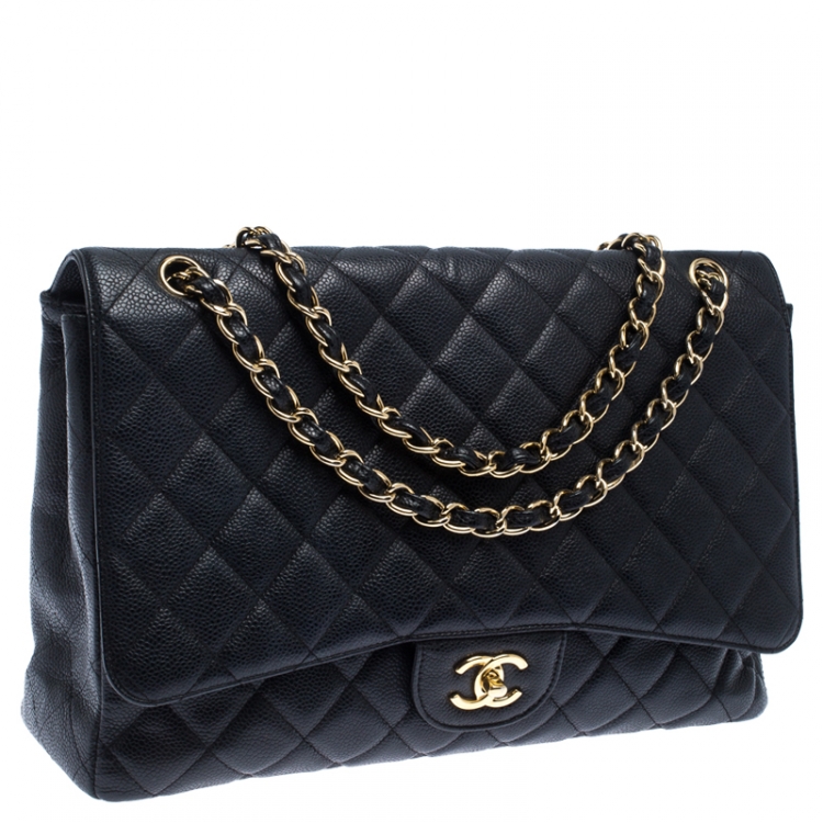 Pre Owned Chanel Black Quilted Caviar Leather Maxi Classic Single Flap Bag