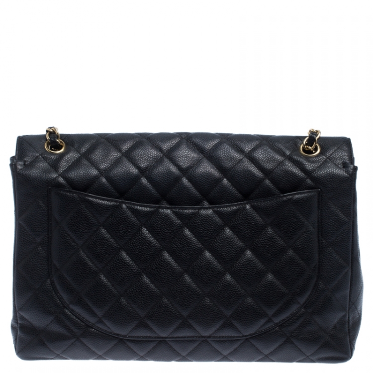 Pre Owned Chanel Black Quilted Caviar Leather Maxi Classic Single Flap Bag