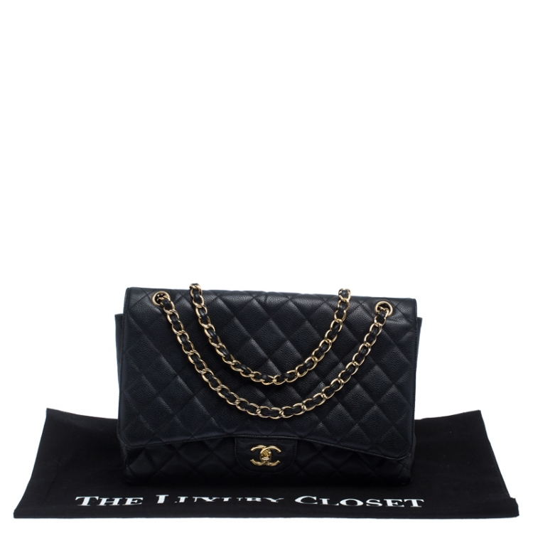 Pre Owned Chanel Black Quilted Caviar Leather Maxi Classic Single Flap Bag