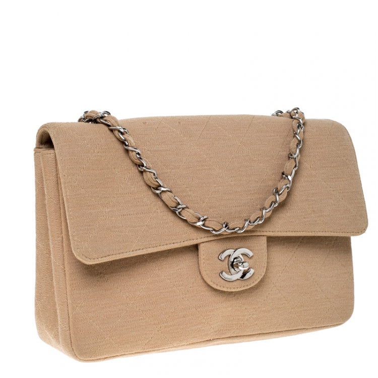 Pre Owned Chanel Beige Quilted Fabric Medium Classic Single Flap Bag