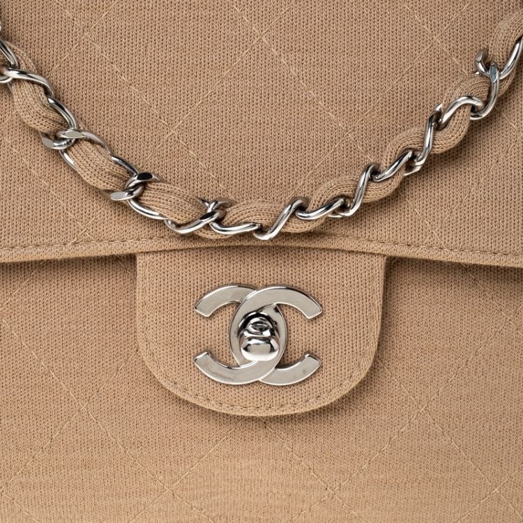 Pre Owned Chanel Beige Quilted Fabric Medium Classic Single Flap Bag