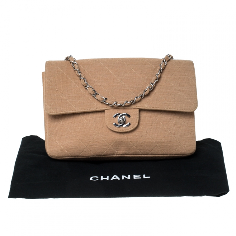 Pre Owned Chanel Beige Quilted Fabric Medium Classic Single Flap Bag