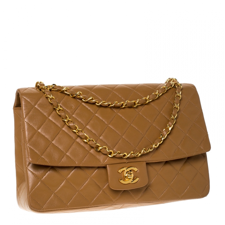 Pre Owned Chanel Beige Quilted Leather Vintage Classic Single Flap Bag