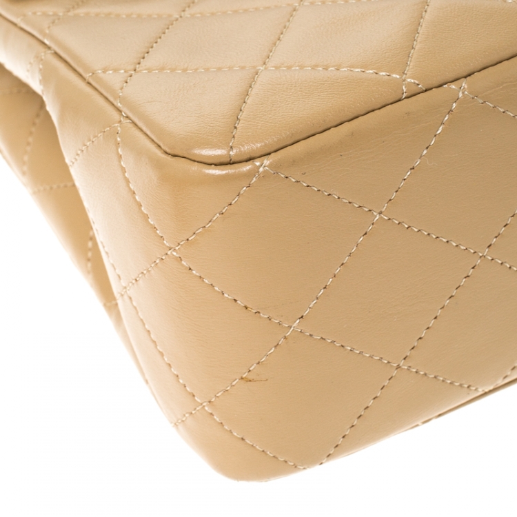 Pre Owned Chanel Beige Quilted Leather Medium Classic Single Flap Bag