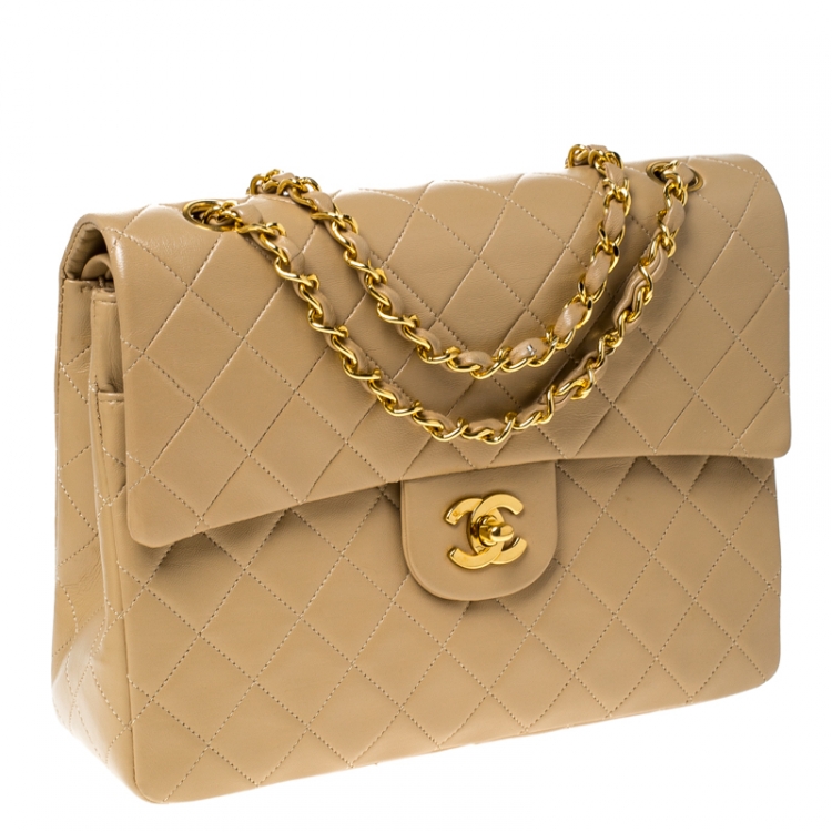 Pre Owned Chanel Beige Quilted Leather Medium Classic Single Flap Bag