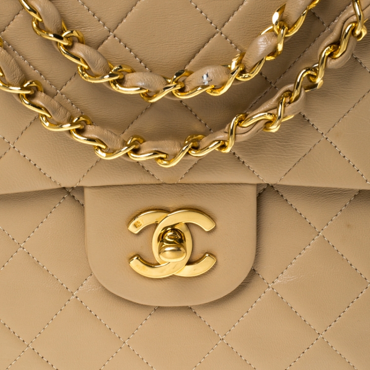Pre Owned Chanel Beige Quilted Leather Medium Classic Single Flap Bag