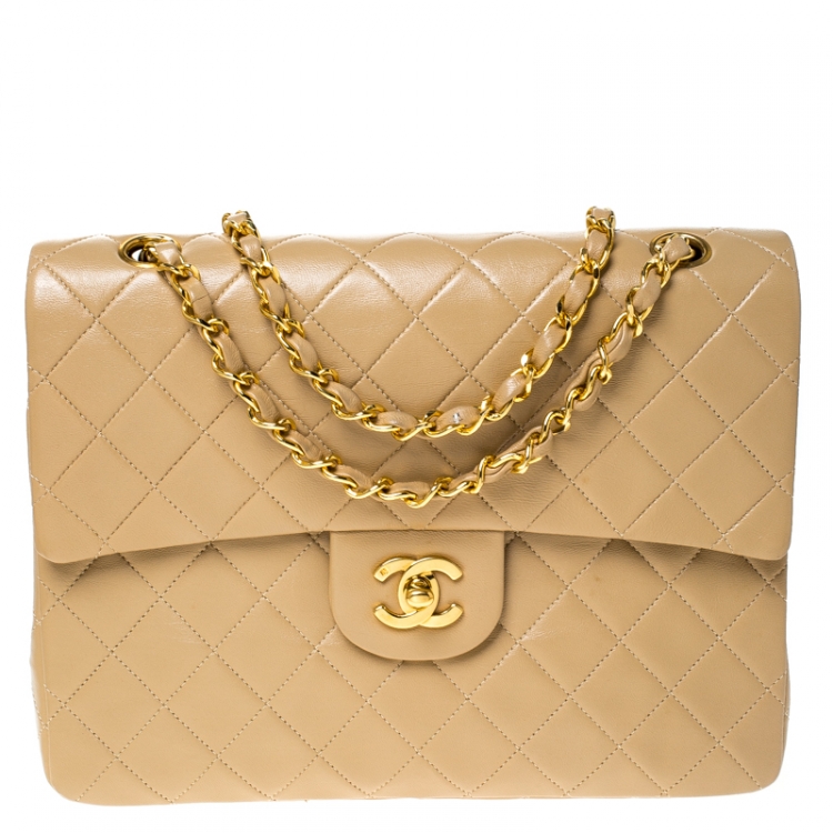 Pre Owned Chanel Beige Quilted Leather Medium Classic Single Flap Bag