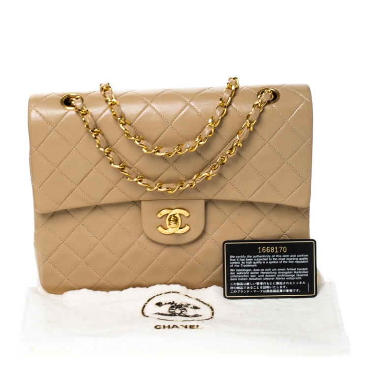 Pre Owned Chanel Beige Quilted Leather Medium Classic Single Flap Bag