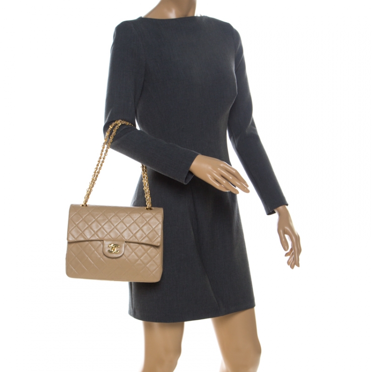 Pre Owned Chanel Beige Quilted Leather Medium Classic Single Flap Bag