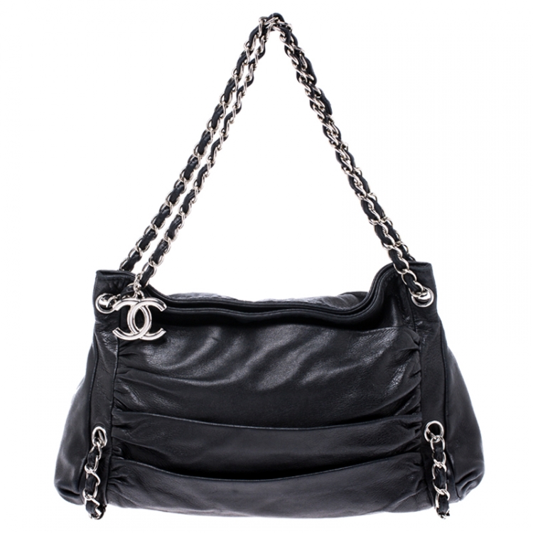 Chanel Black Pleated Leather Chain Shoulder Bag Chanel