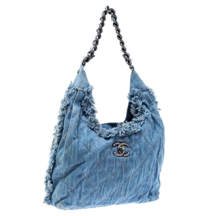 Pre Owned Chanel Blue Quilted Denim Fringe CC Hobo