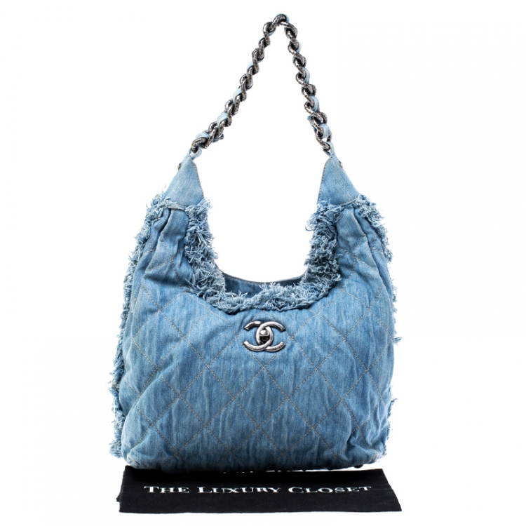 Pre Owned Chanel Blue Quilted Denim Fringe CC Hobo