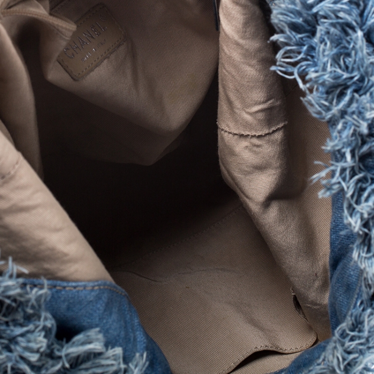 Pre Owned Chanel Blue Quilted Denim Fringe CC Hobo