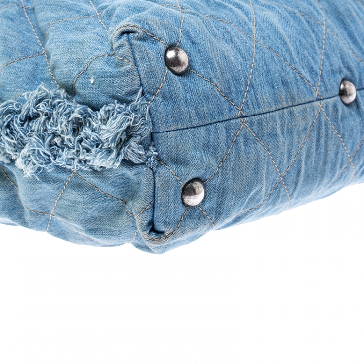 Pre Owned Chanel Blue Quilted Denim Fringe CC Hobo