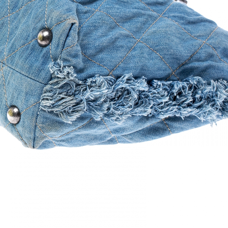 Pre Owned Chanel Blue Quilted Denim Fringe CC Hobo