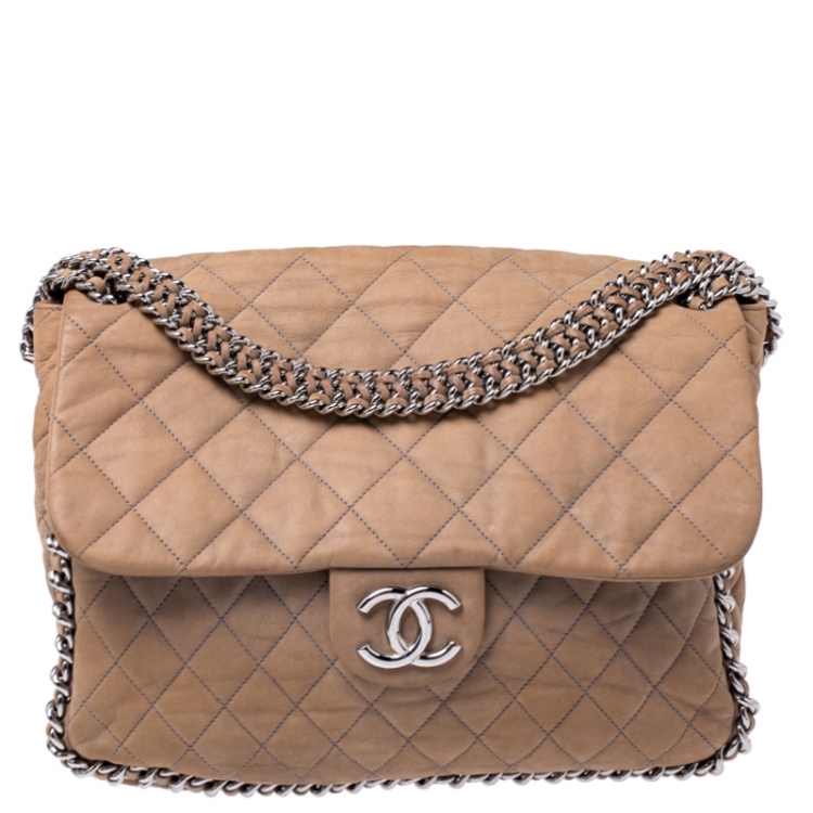 Chanel Beige Quilted Nubuck Leather Maxi Chain Around Flap Bag Chanel