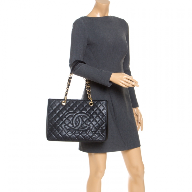 Pre Owned Chanel Black Quilted Caviar Leather Grand Shopping Tote