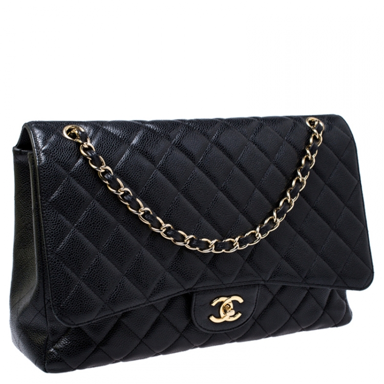 Pre Owned Chanel Black Quilted Caviar Leather Maxi Classic Single Flap Bag