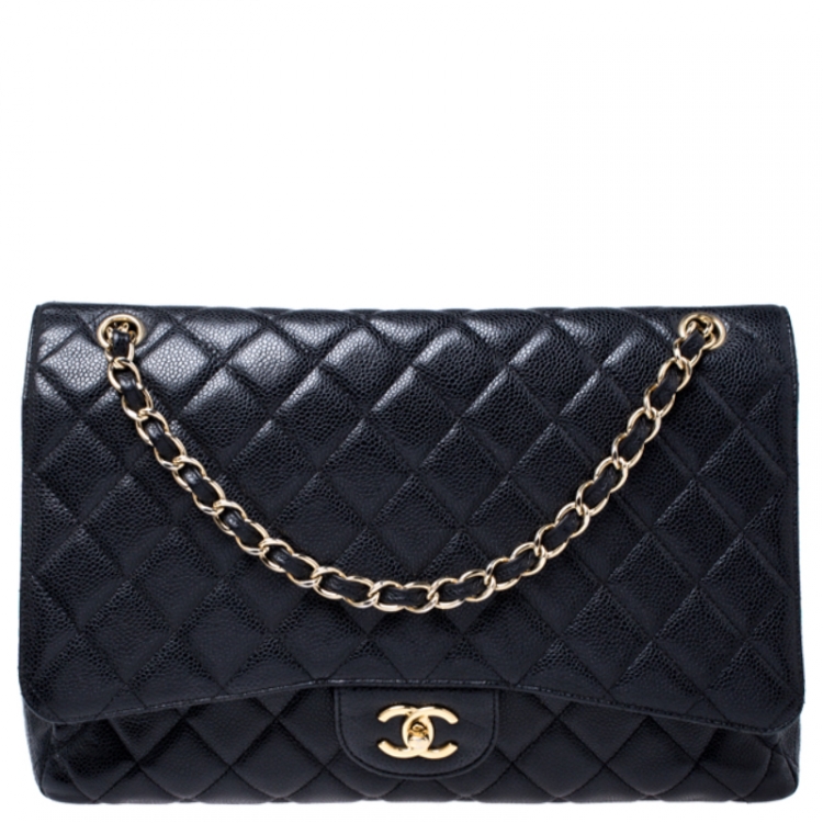 Pre Owned Chanel Black Quilted Caviar Leather Maxi Classic Single Flap Bag