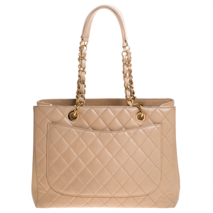 Pre Owned Chanel Beige Quilted Caviar Leather Grand Shopper Tote