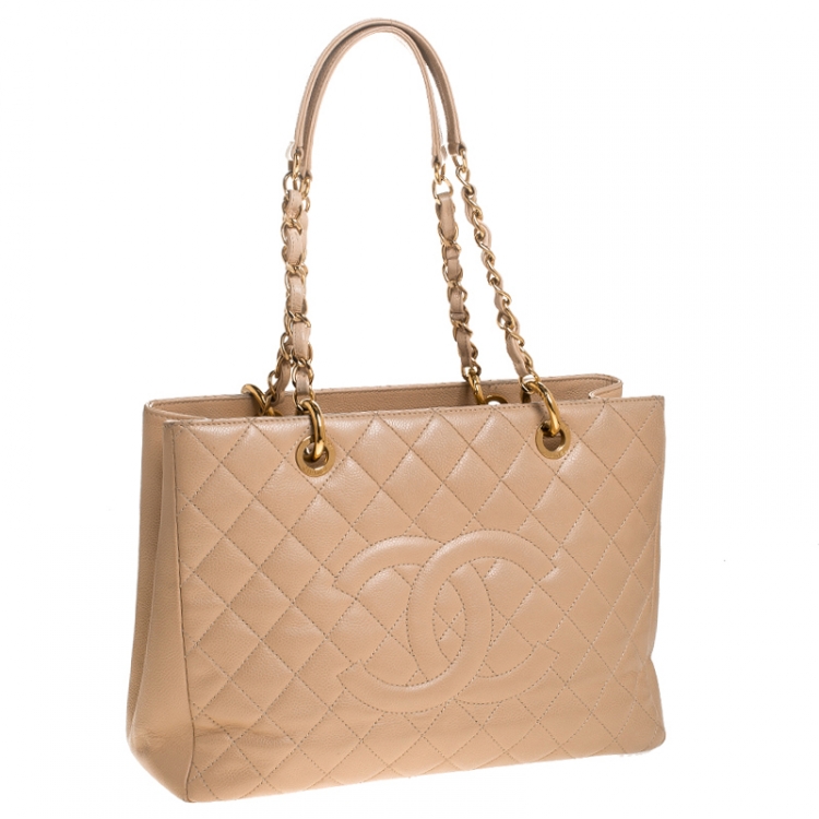 Pre Owned Chanel Beige Quilted Caviar Leather Grand Shopper Tote