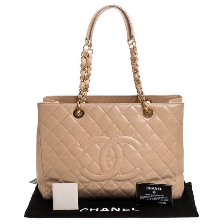 Pre Owned Chanel Beige Quilted Caviar Leather Grand Shopper Tote