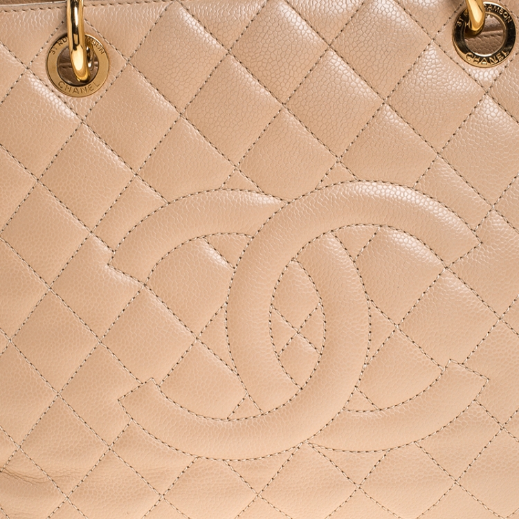 Pre Owned Chanel Beige Quilted Caviar Leather Grand Shopper Tote