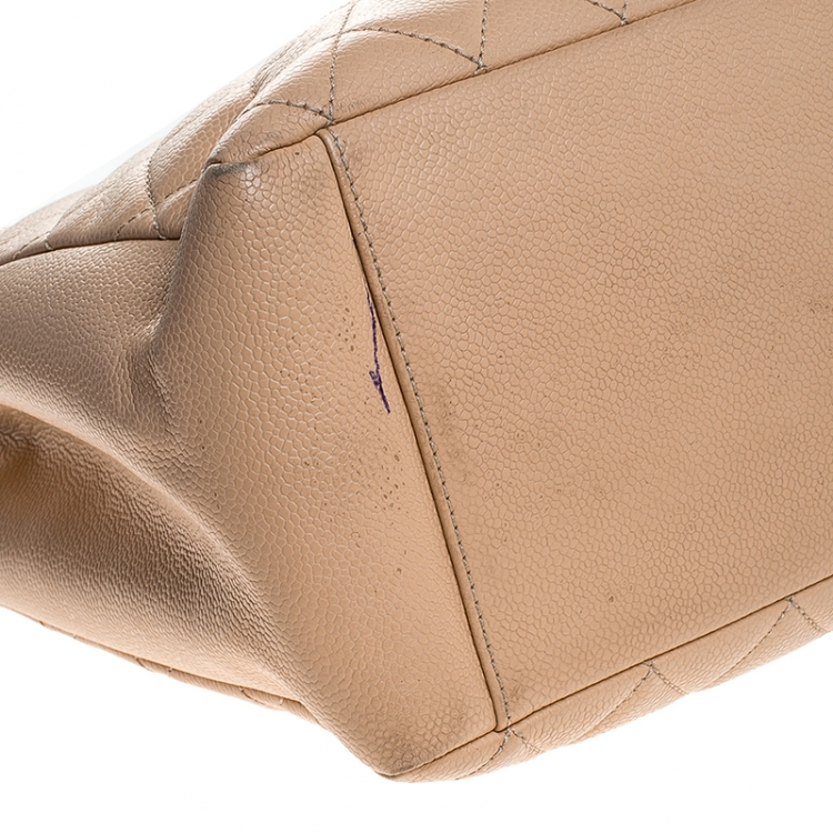 Pre Owned Chanel Beige Quilted Caviar Leather Grand Shopper Tote