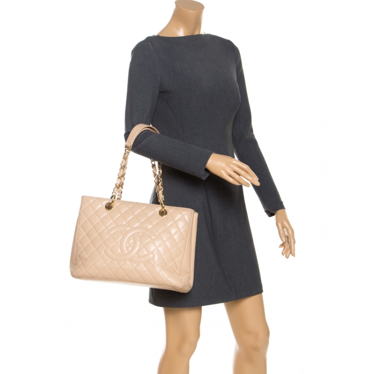 Pre Owned Chanel Beige Quilted Caviar Leather Grand Shopper Tote