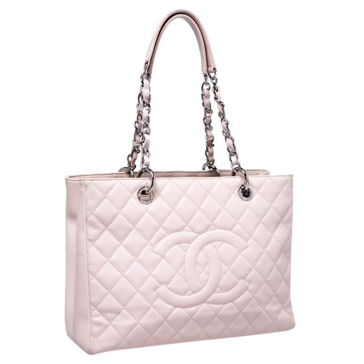 Pre Owned Chanel Blush Pink Quilted Caviar Leather Grand Shopping Tote