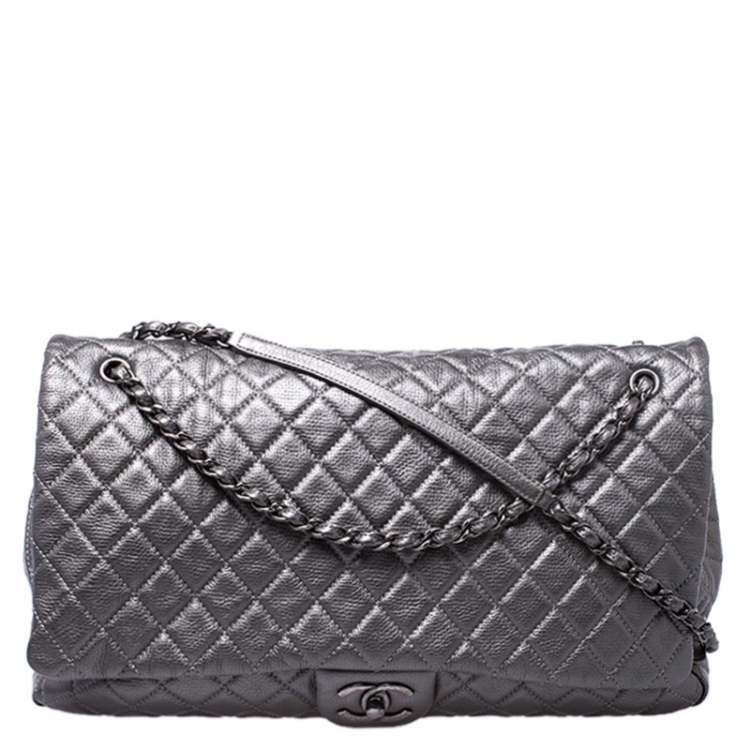 Chanel Metallic Grey Quilted Leather Large XXL Flap Shoulder Bag