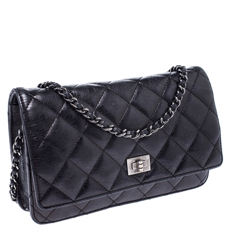 Pre Owned Chanel Black Quilted Crinkled Leather Reissue WOC Flap Bag