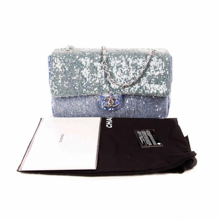Pre Owned Chanel Blue Sequin Medium Waterfall Sequin Flap Bag