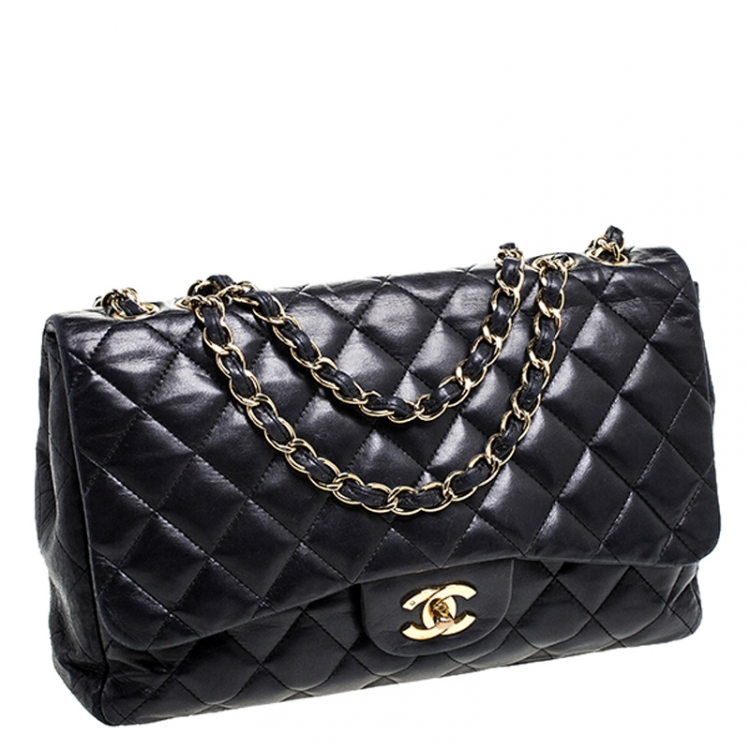 Pre Owned Chanel Black Quilted Leather Jumbo Classic Single Flap Bag