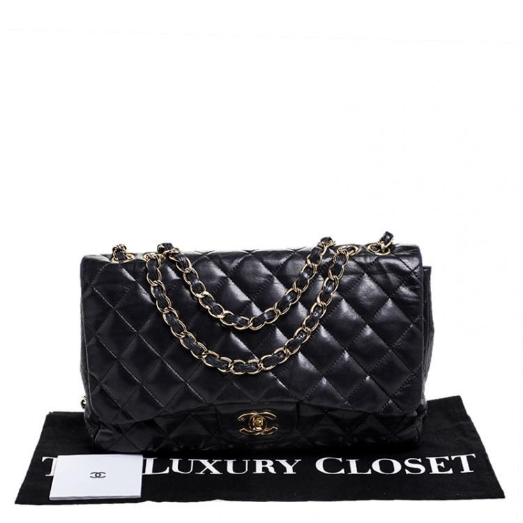 Pre Owned Chanel Black Quilted Leather Jumbo Classic Single Flap Bag