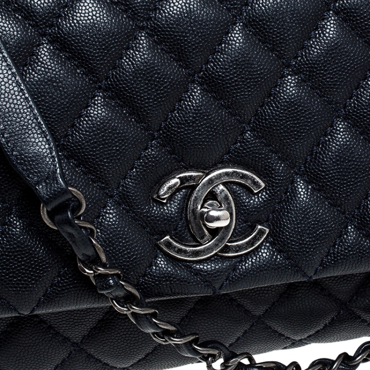 Pre Owned Chanel Navy Blue Quilted Caviar Leather Medium Lizard Handle Coco Flap Bag