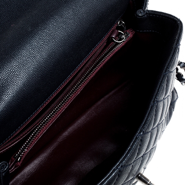 Pre Owned Chanel Navy Blue Quilted Caviar Leather Medium Lizard Handle Coco Flap Bag