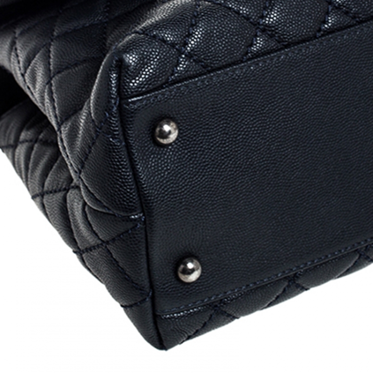 Pre Owned Chanel Navy Blue Quilted Caviar Leather Medium Lizard Handle Coco Flap Bag