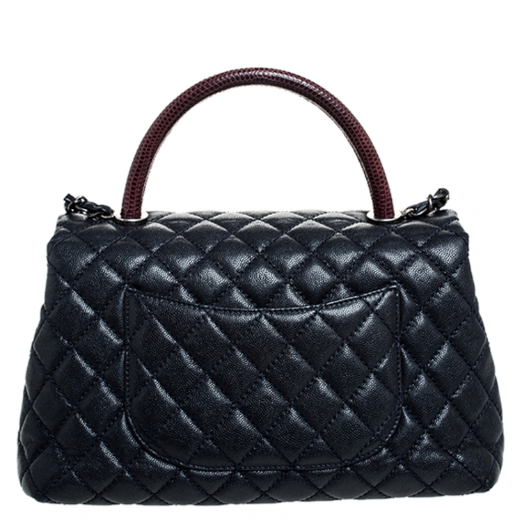 Pre Owned Chanel Navy Blue Quilted Caviar Leather Medium Lizard Handle Coco Flap Bag