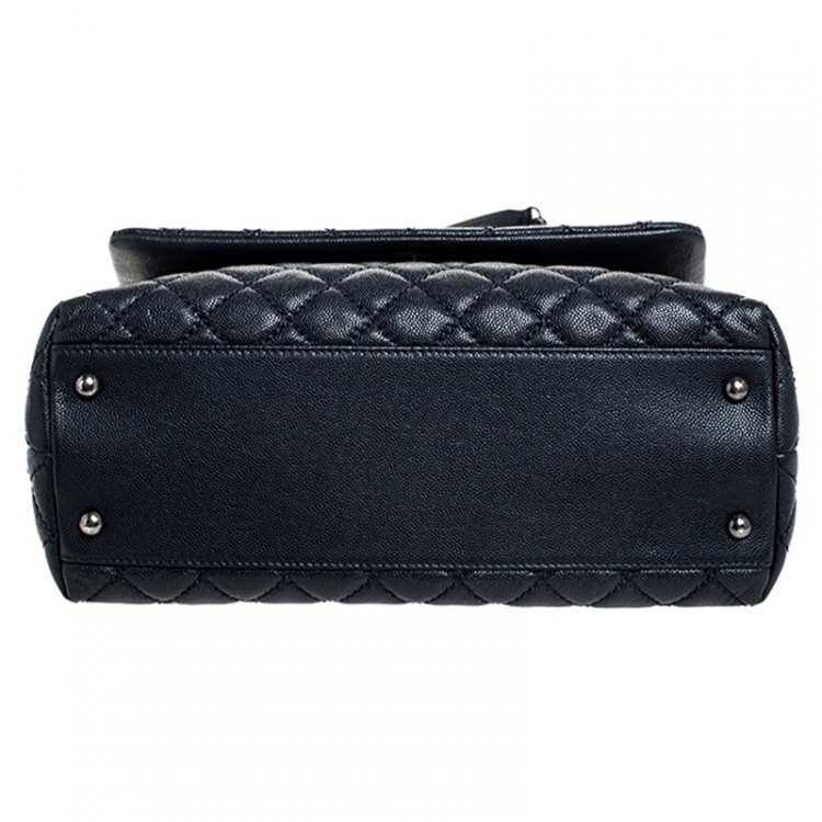 Pre Owned Chanel Navy Blue Quilted Caviar Leather Medium Lizard Handle Coco Flap Bag