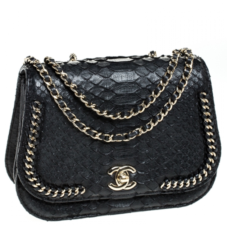 Pre Owned Chanel Black Python Small Braided Chic Flap Bag