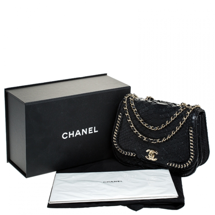 Pre Owned Chanel Black Python Small Braided Chic Flap Bag