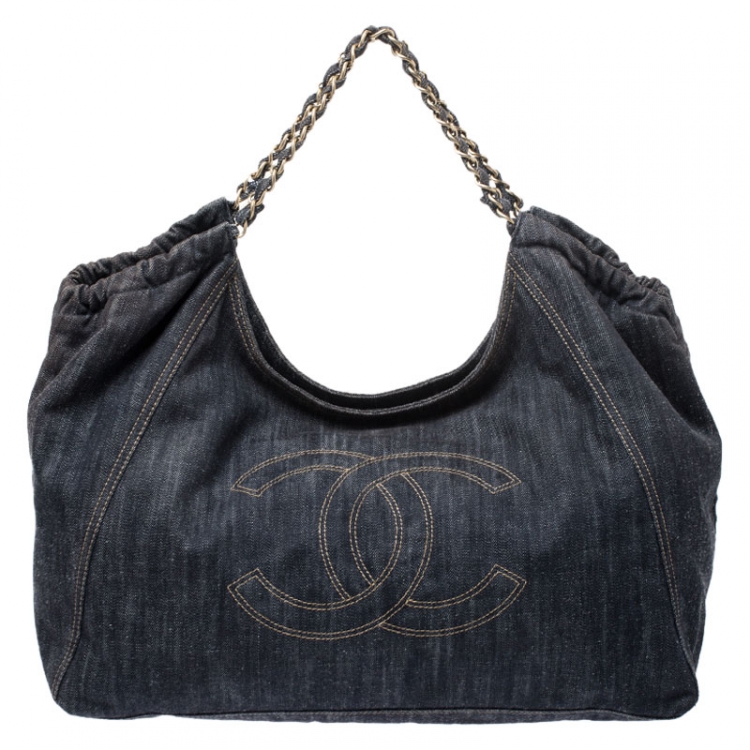 Chanel Black Denim Coco Cabas Chain Hobo Bag