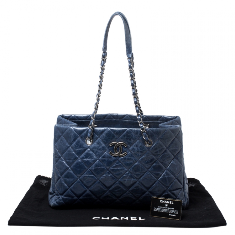 Pre Owned Chanel Blue Quilted Crinkled Leather Shopper Tote