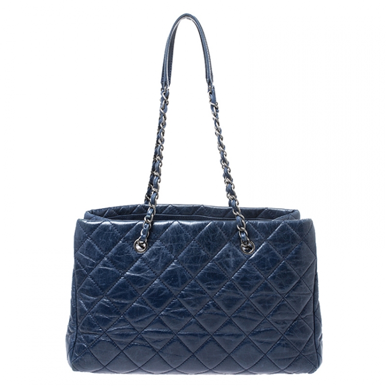 Pre Owned Chanel Blue Quilted Crinkled Leather Shopper Tote