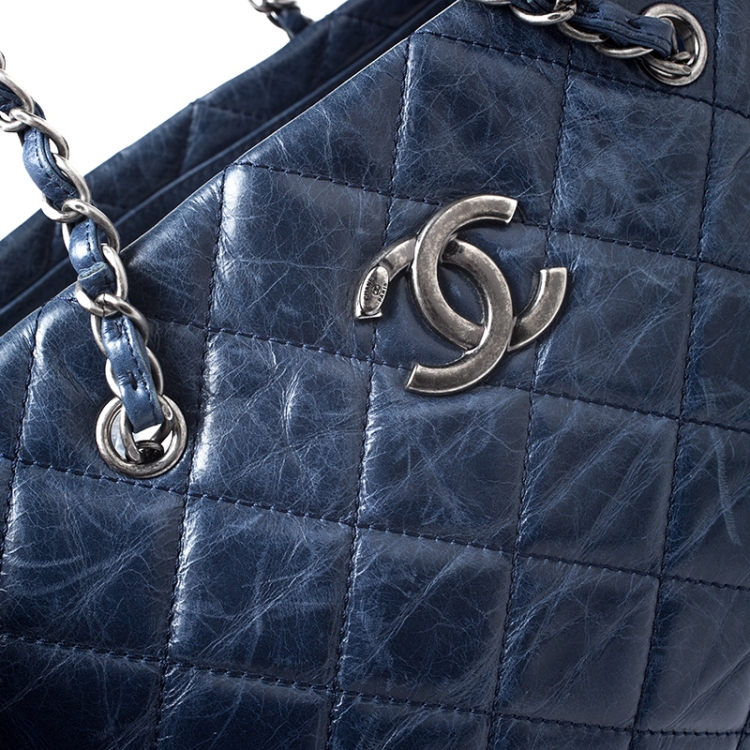 Pre Owned Chanel Blue Quilted Crinkled Leather Shopper Tote