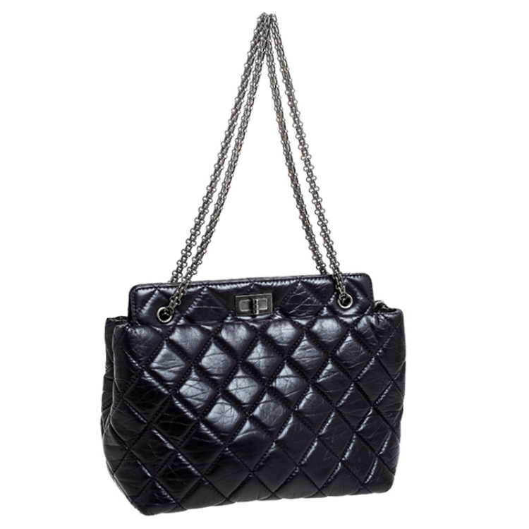 Pre Owned Chanel Purple Quilted Crackled Leather Mademoiselle Lock Chain Tote