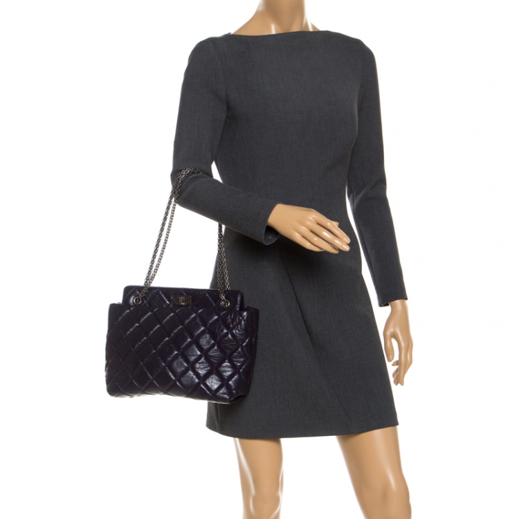 Pre Owned Chanel Purple Quilted Crackled Leather Mademoiselle Lock Chain Tote
