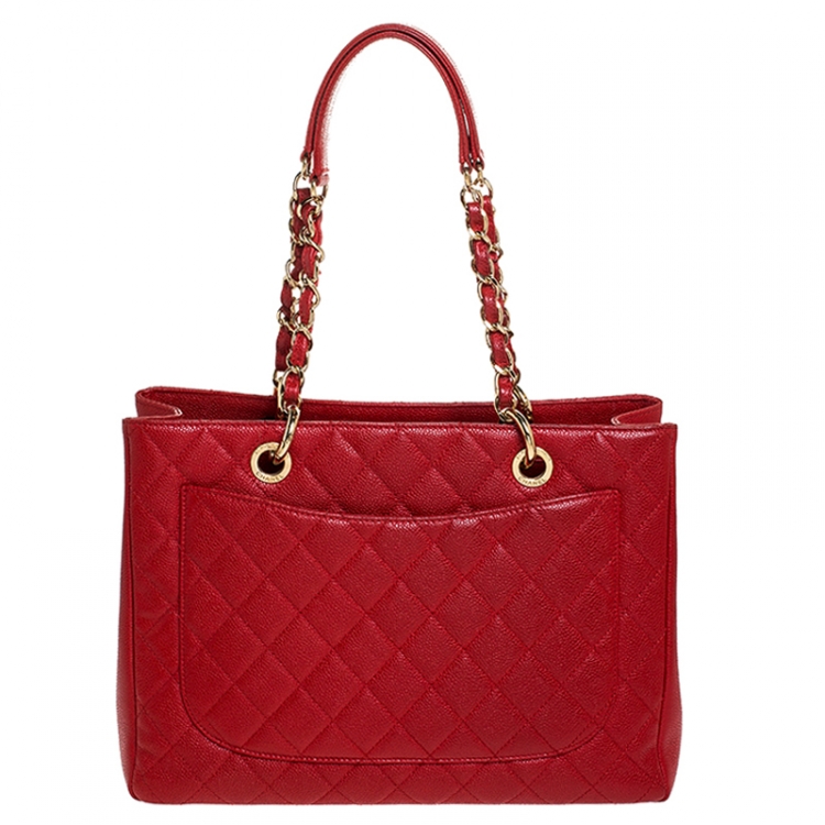 Pre Owned Chanel Red Quilted Caviar Leather Grand Shopping Tote